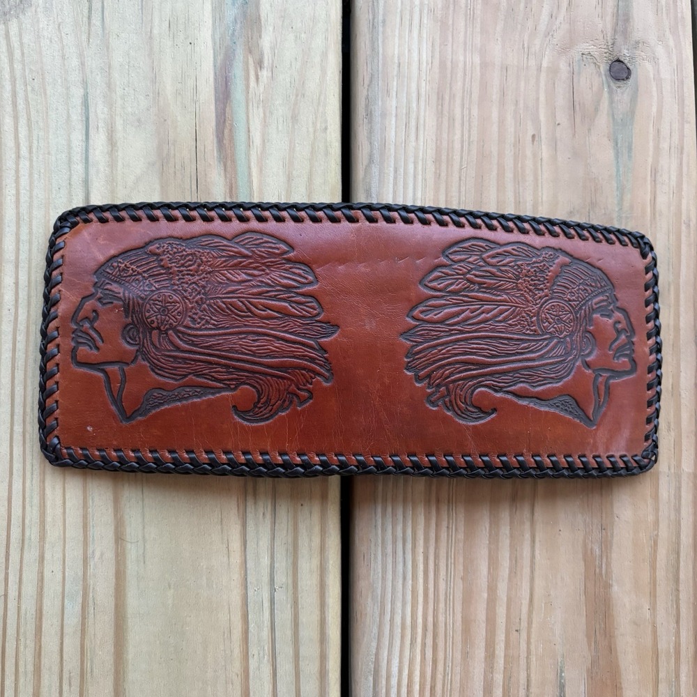 Vintage Leather Wallet Bi Fold Hand Tooled Whipstitch USA Made Native American